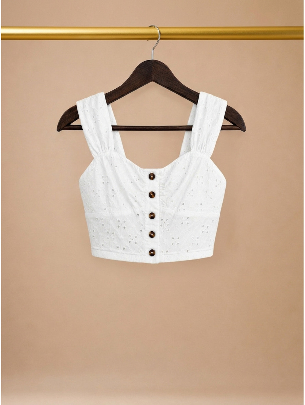 Eyelet Embroidered Faux Button Smocked Crop Top- Medium